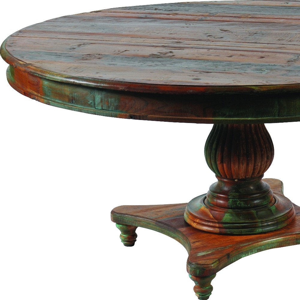 60" Brown Rounded Solid Wood Pedestal Base Dining Table HomeRoots