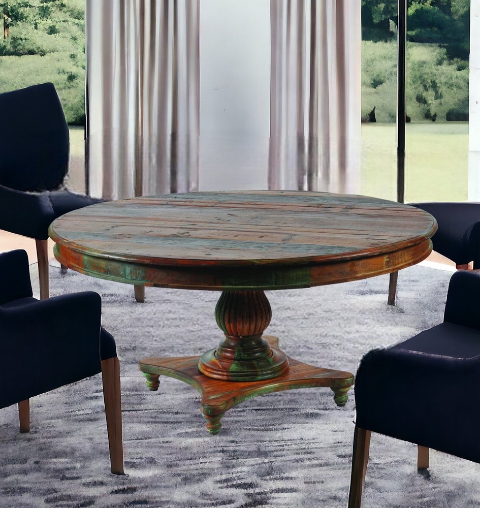 60" Brown Rounded Solid Wood Pedestal Base Dining Table HomeRoots