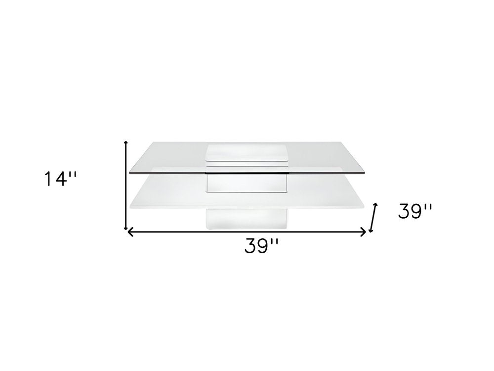 39" Clear and White Glass And Wood Square Pedestal Coffee Table With Shelf HomeRoots