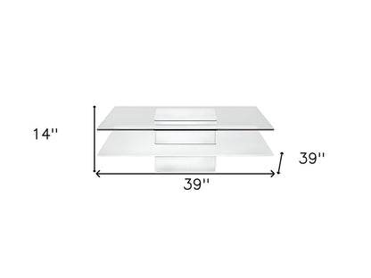 39" Clear and White Glass And Wood Square Pedestal Coffee Table With Shelf HomeRoots