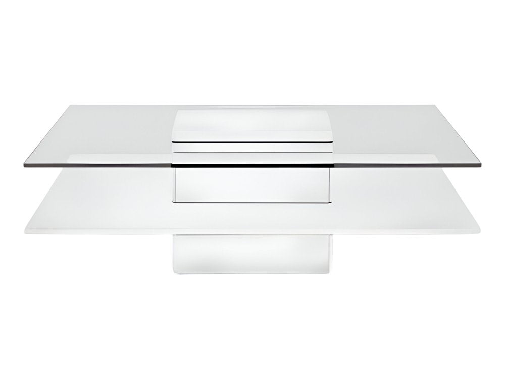 39" Clear and White Glass And Wood Square Pedestal Coffee Table With Shelf HomeRoots
