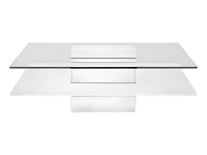 39" Clear and White Glass And Wood Square Pedestal Coffee Table With Shelf HomeRoots