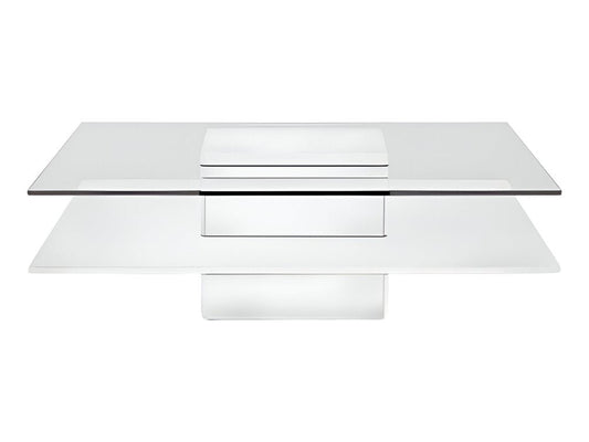39" Clear and White Glass And Wood Square Pedestal Coffee Table With Shelf HomeRoots
