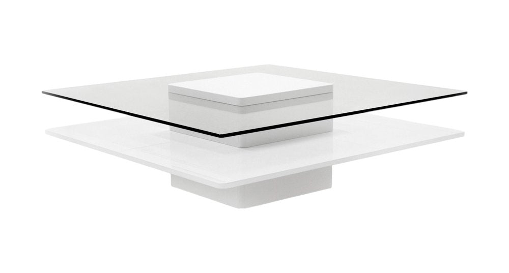 39" Clear and White Glass And Wood Square Pedestal Coffee Table With Shelf HomeRoots