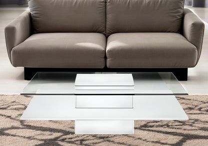 39" Clear and White Glass And Wood Square Pedestal Coffee Table With Shelf HomeRoots