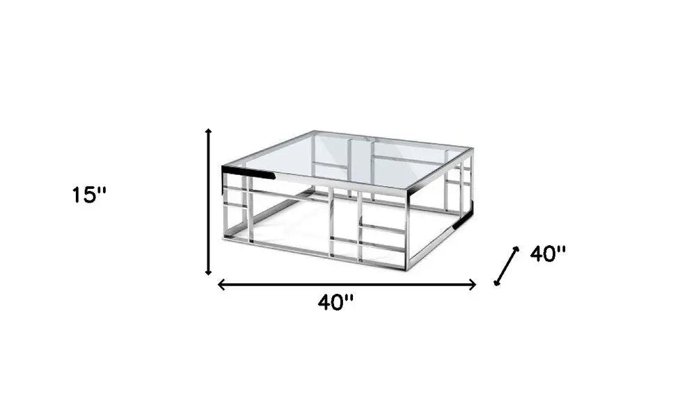 40" Clear and Silver Glass And Stainless Steel Square Frame Coffee Table HomeRoots