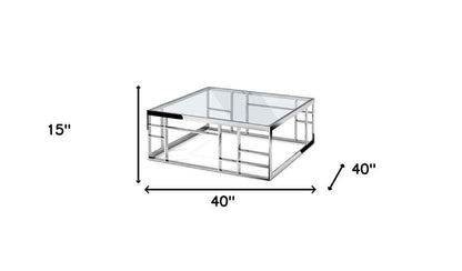 40" Clear and Silver Glass And Stainless Steel Square Frame Coffee Table HomeRoots