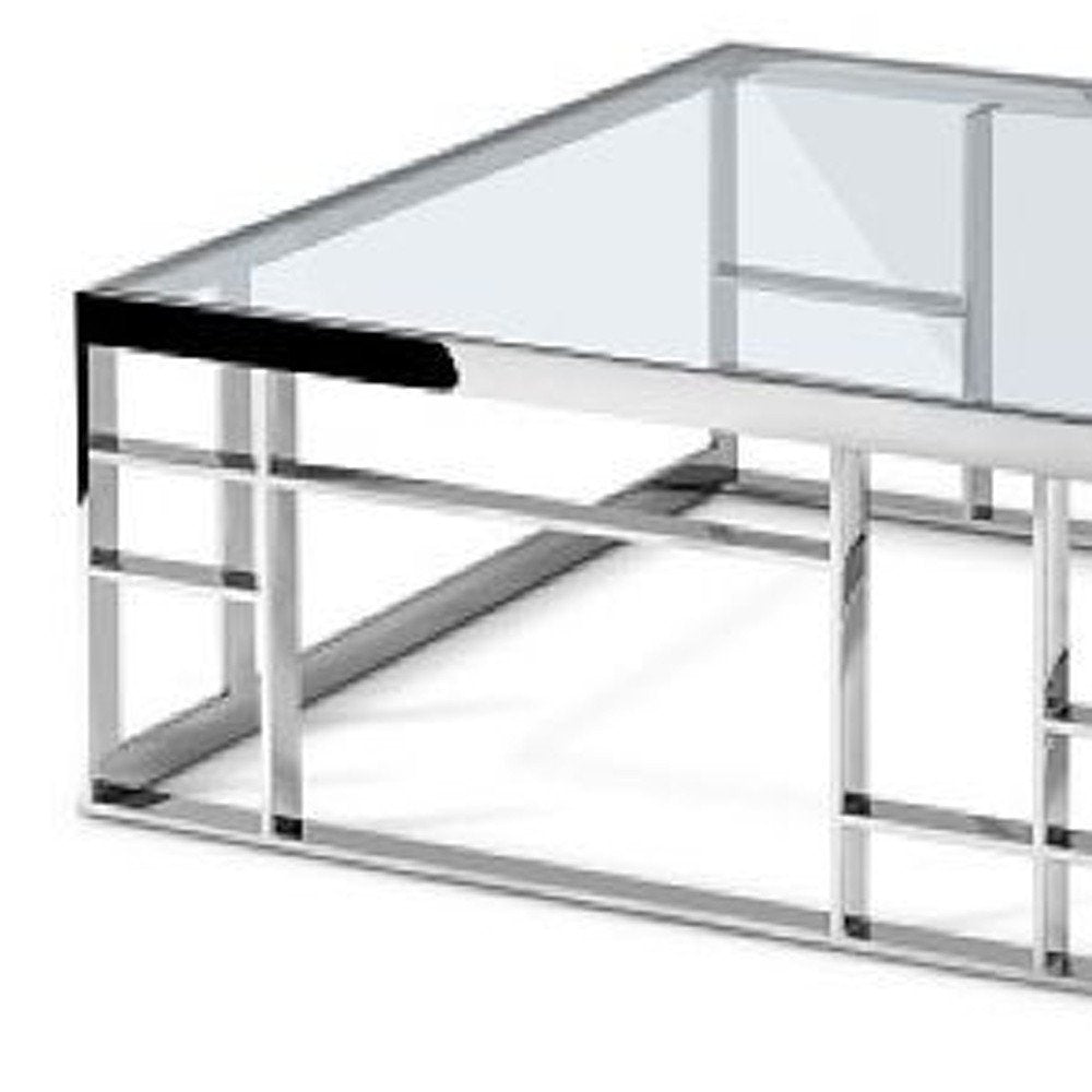 40" Clear and Silver Glass And Stainless Steel Square Frame Coffee Table HomeRoots