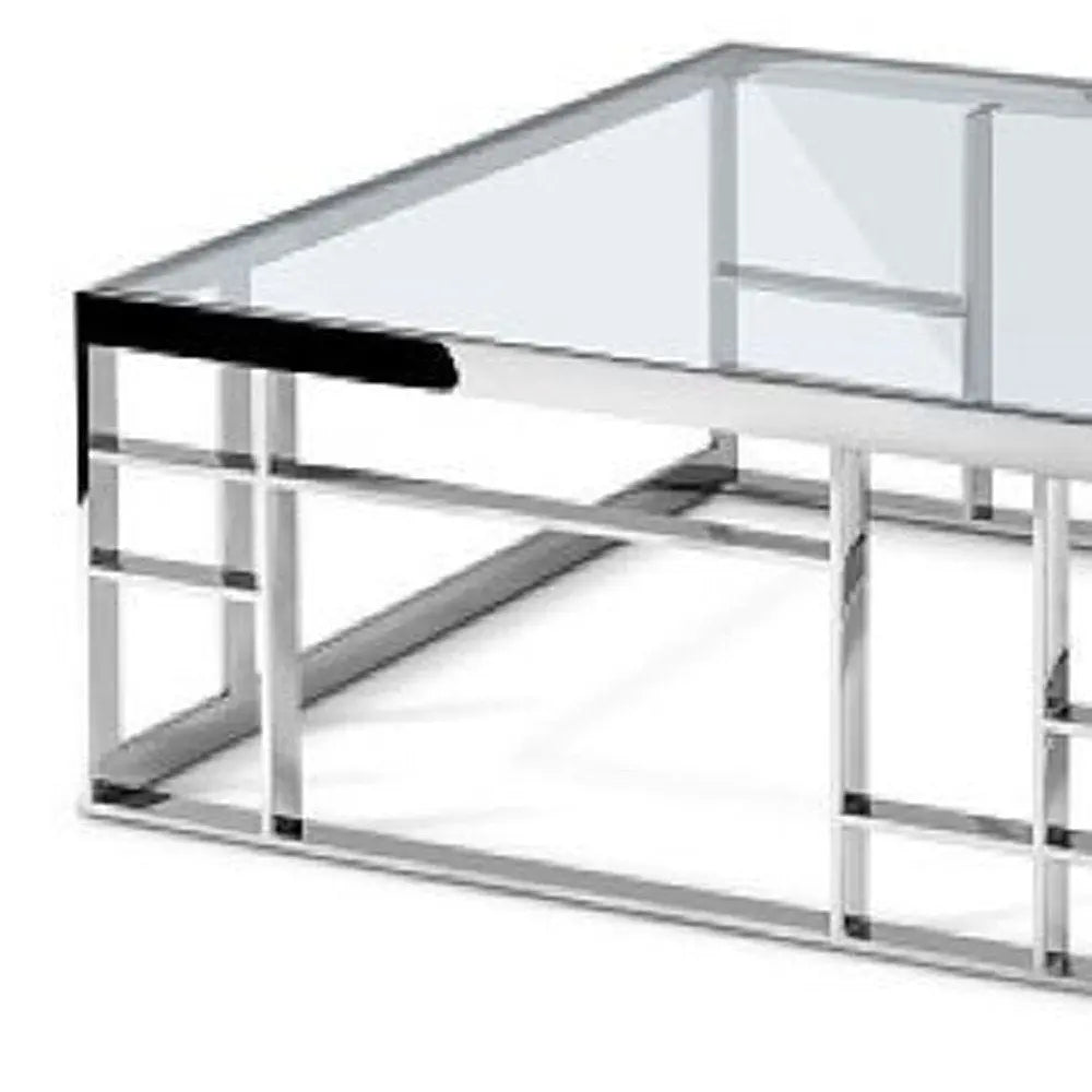 40" Clear and Silver Glass And Stainless Steel Square Frame Coffee Table HomeRoots