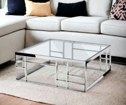 40" Clear and Silver Glass And Stainless Steel Square Frame Coffee Table HomeRoots