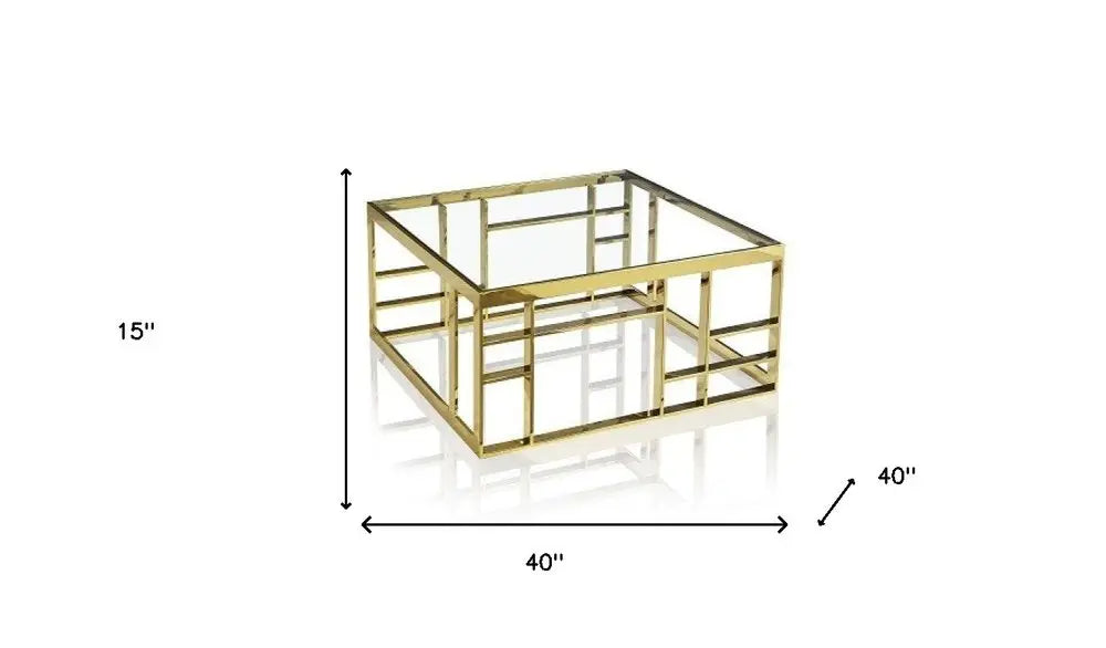 40" Clear and Gold Glass And Stainless Steel Square Frame Coffee Table HomeRoots