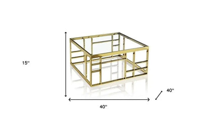 40" Clear and Gold Glass And Stainless Steel Square Frame Coffee Table HomeRoots
