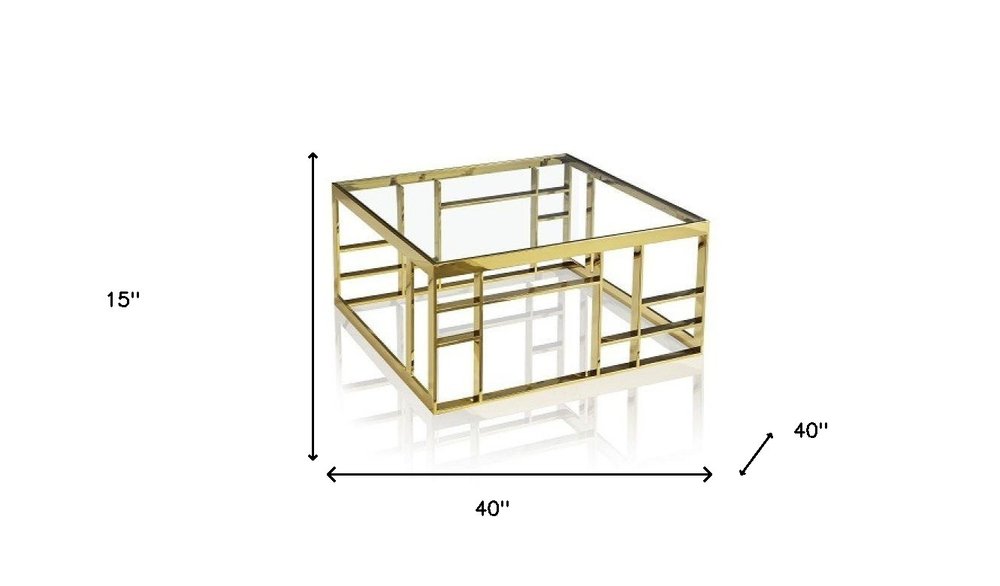 40" Clear and Gold Glass And Stainless Steel Square Frame Coffee Table HomeRoots