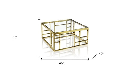 40" Clear and Gold Glass And Stainless Steel Square Frame Coffee Table HomeRoots