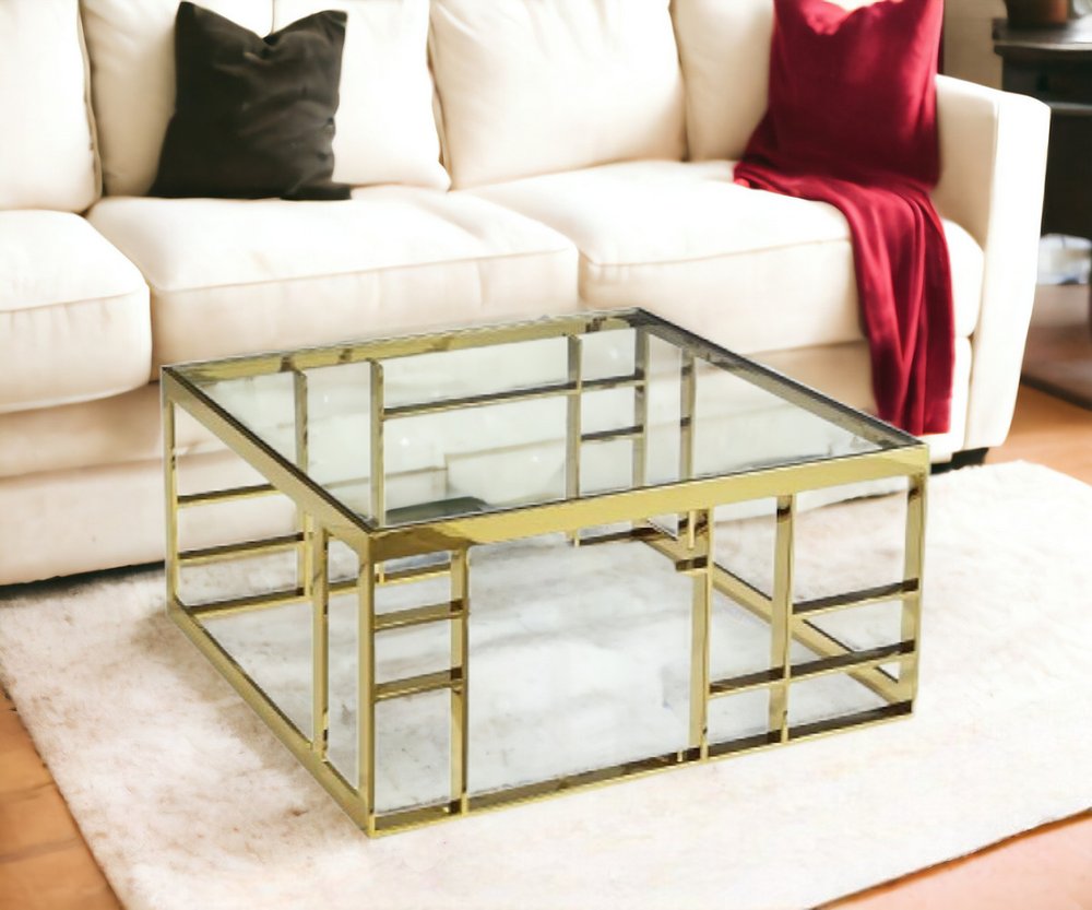40" Clear and Gold Glass And Stainless Steel Square Frame Coffee Table HomeRoots