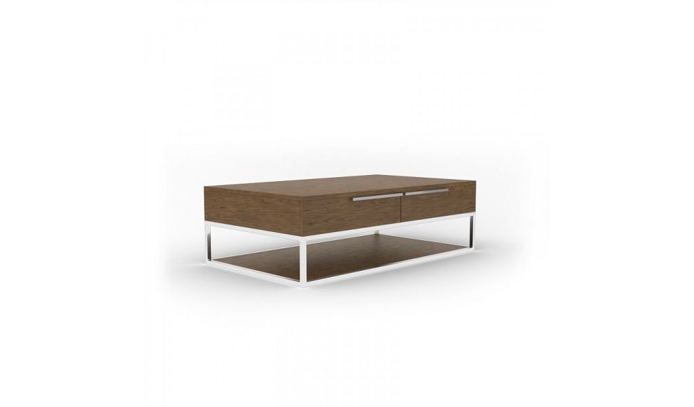 47" Brown and Silver Wood And Stainless Steel Floor Shelf Coffee Table With Two Drawers And Shelf HomeRoots