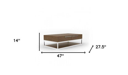 47" Brown and Silver Wood And Stainless Steel Floor Shelf Coffee Table With Two Drawers And Shelf HomeRoots