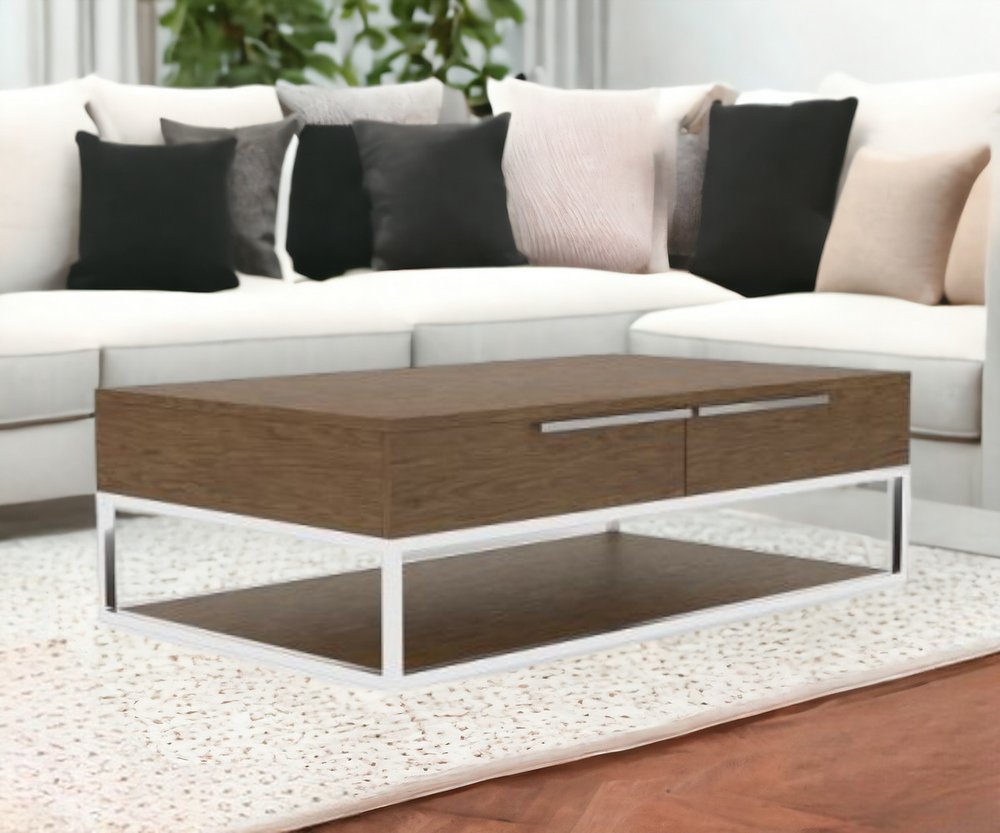 47" Brown and Silver Wood And Stainless Steel Floor Shelf Coffee Table With Two Drawers And Shelf HomeRoots