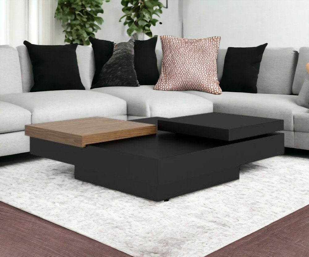 39" Brown and Black Wood Square Block Coffee Table With Drawer HomeRoots