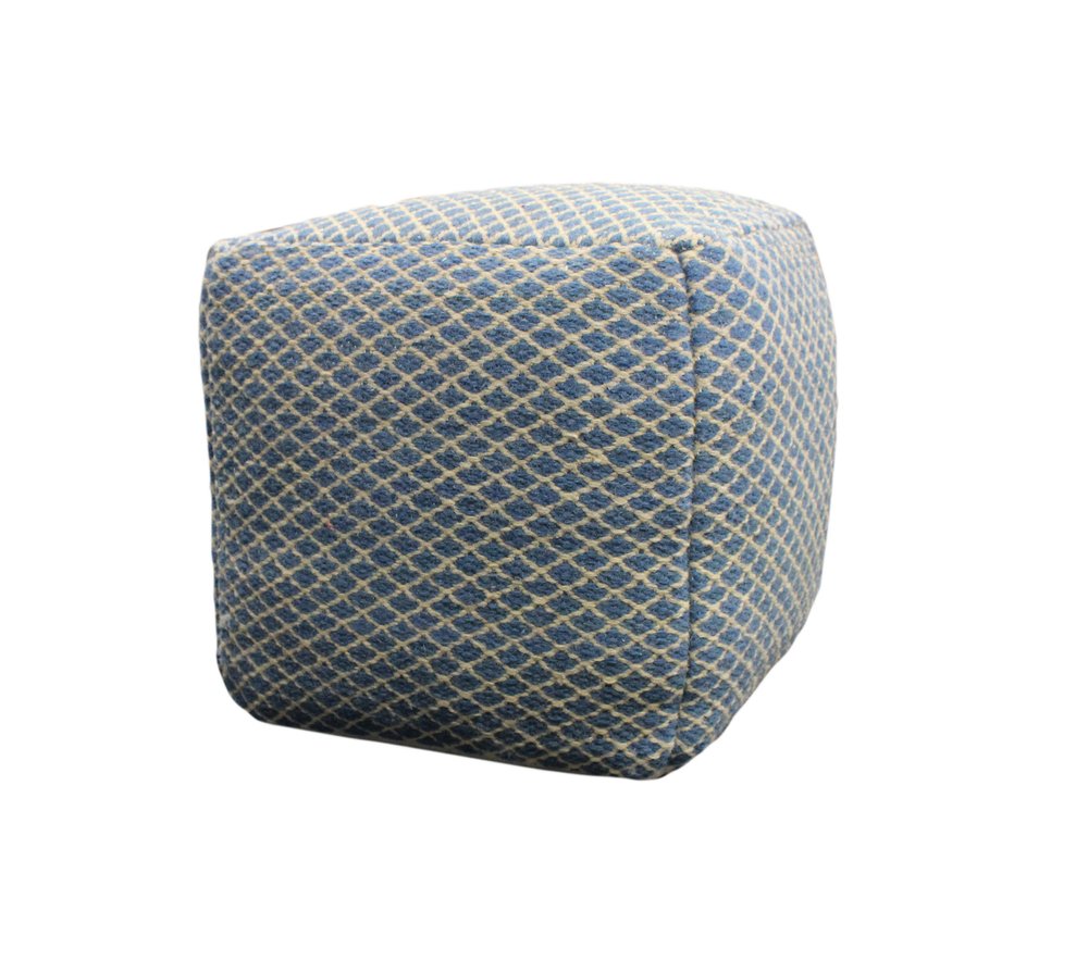 18" Blue and Beige Wool Cube Trellis Pouf Ottoman HomeRoots