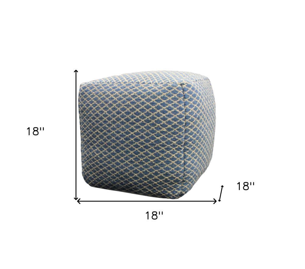 18" Blue and Beige Wool Cube Trellis Pouf Ottoman HomeRoots