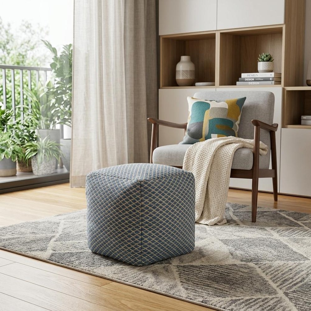18" Blue and Beige Wool Cube Trellis Pouf Ottoman HomeRoots