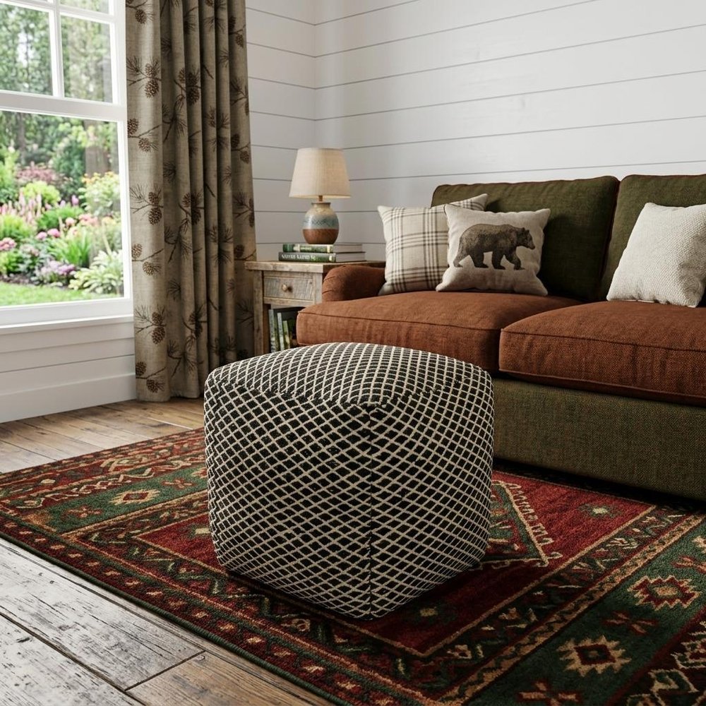 18" Black and Ivory Wool Cube Geometric Pouf Ottoman HomeRoots