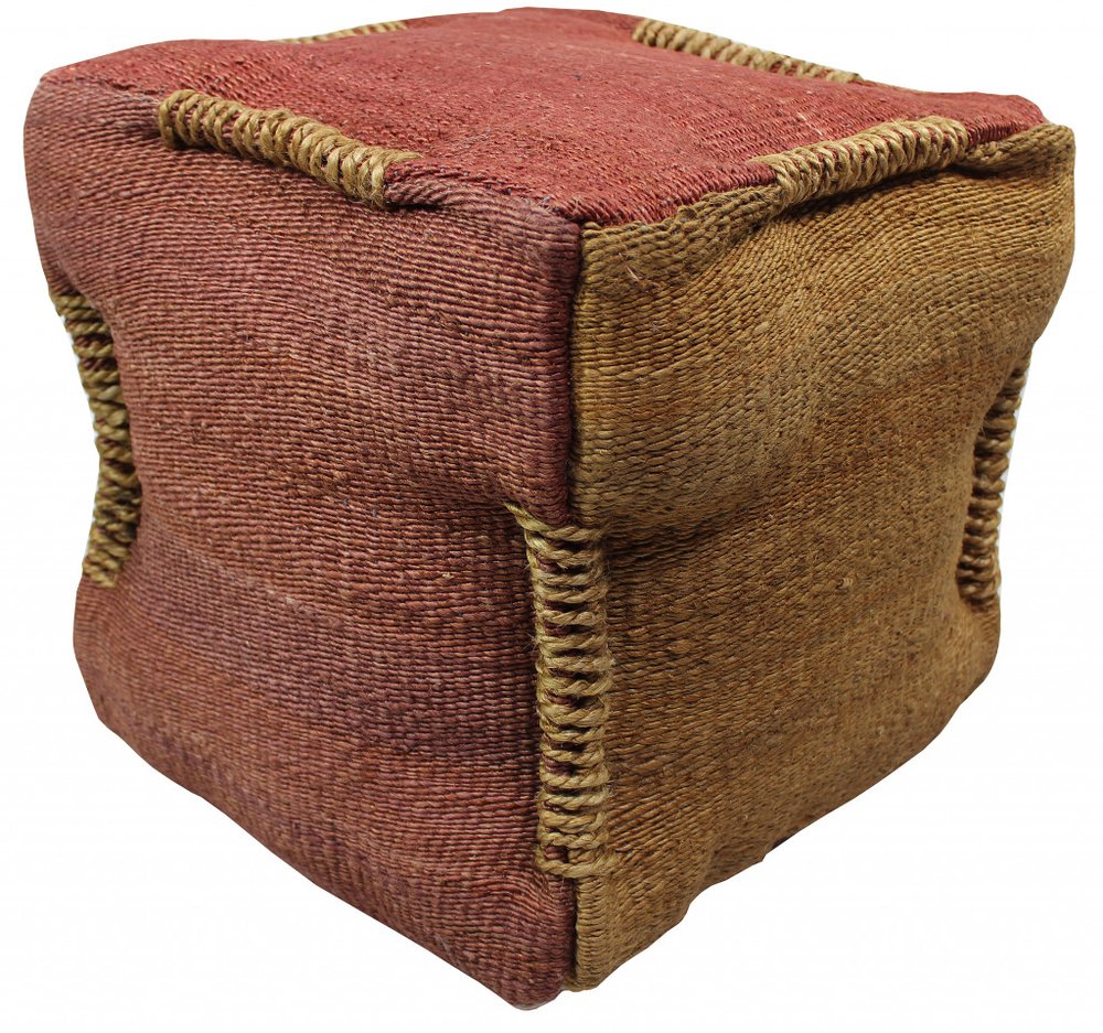 18" Pink and Orange Jute Cube Pouf Ottoman HomeRoots