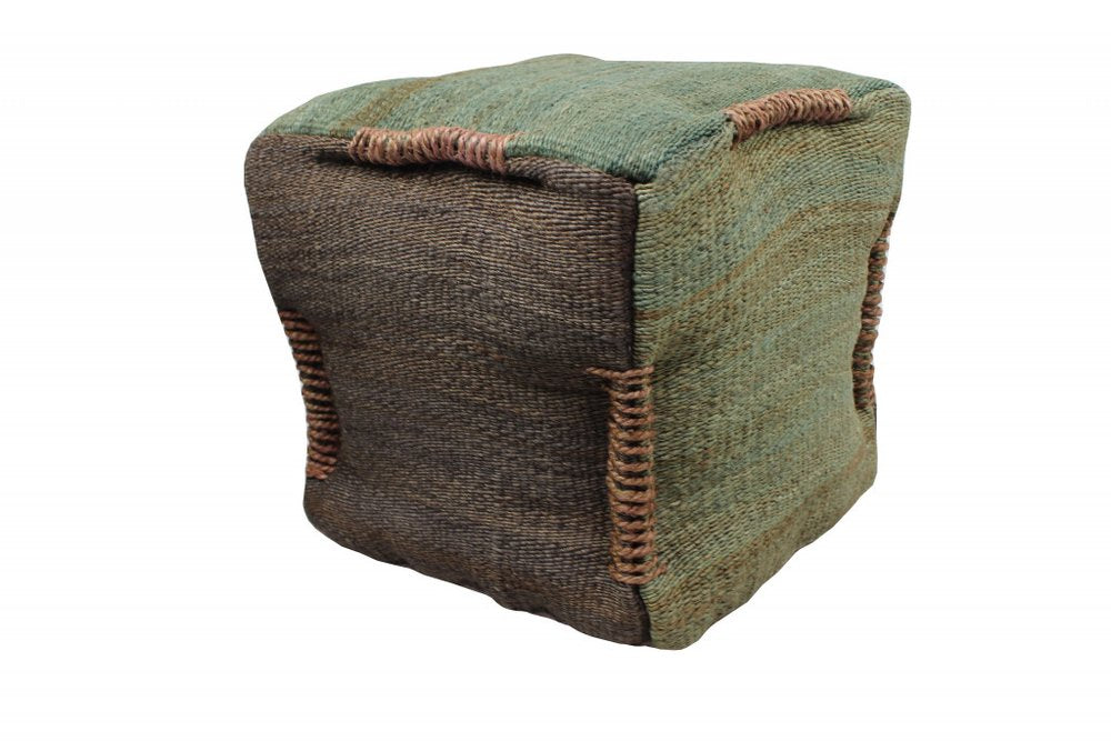 18" Green and Brown Jute Cube Pouf Ottoman HomeRoots