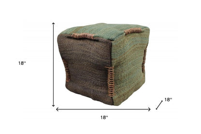 18" Green and Brown Jute Cube Pouf Ottoman HomeRoots