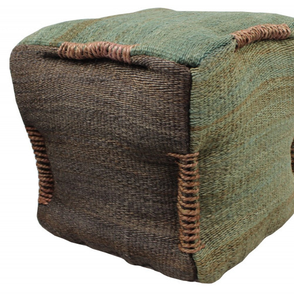 18" Green and Brown Jute Cube Pouf Ottoman HomeRoots