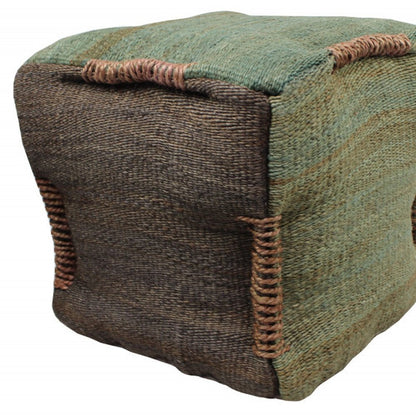 18" Green and Brown Jute Cube Pouf Ottoman HomeRoots