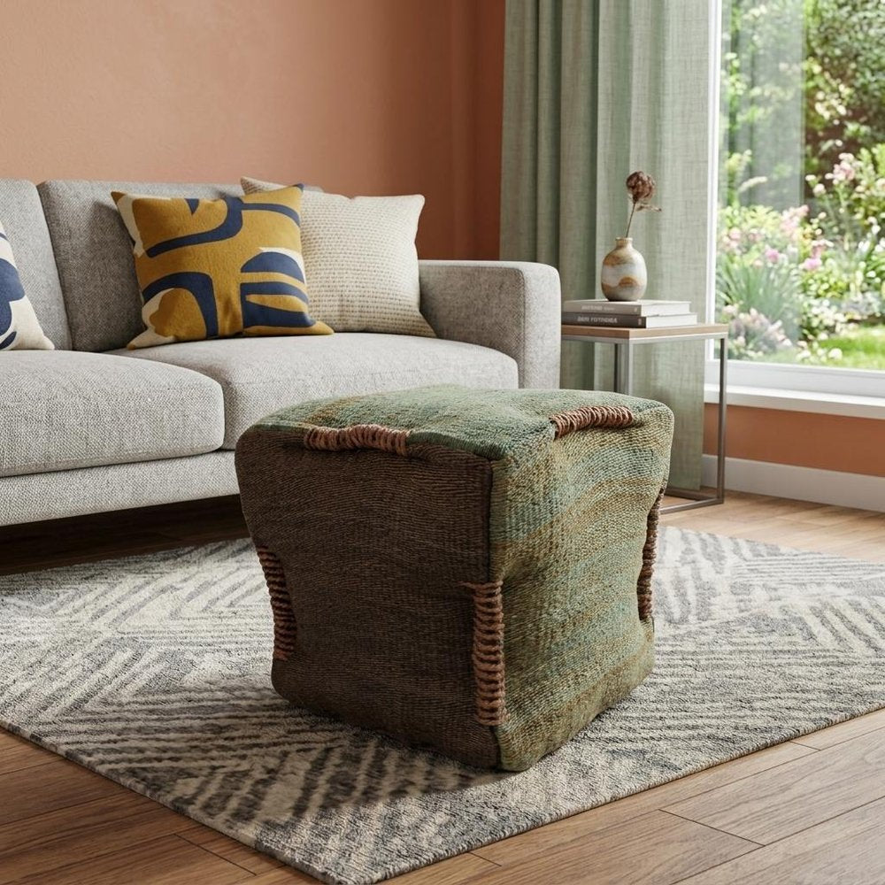 18" Green and Brown Jute Cube Pouf Ottoman HomeRoots