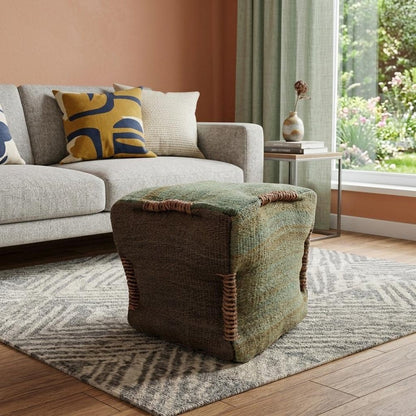 18" Green and Brown Jute Cube Pouf Ottoman HomeRoots