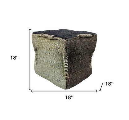 18" Black and Taupe Jute Cube Pouf Ottoman HomeRoots