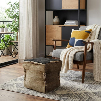 18" Black and Taupe Jute Cube Pouf Ottoman HomeRoots