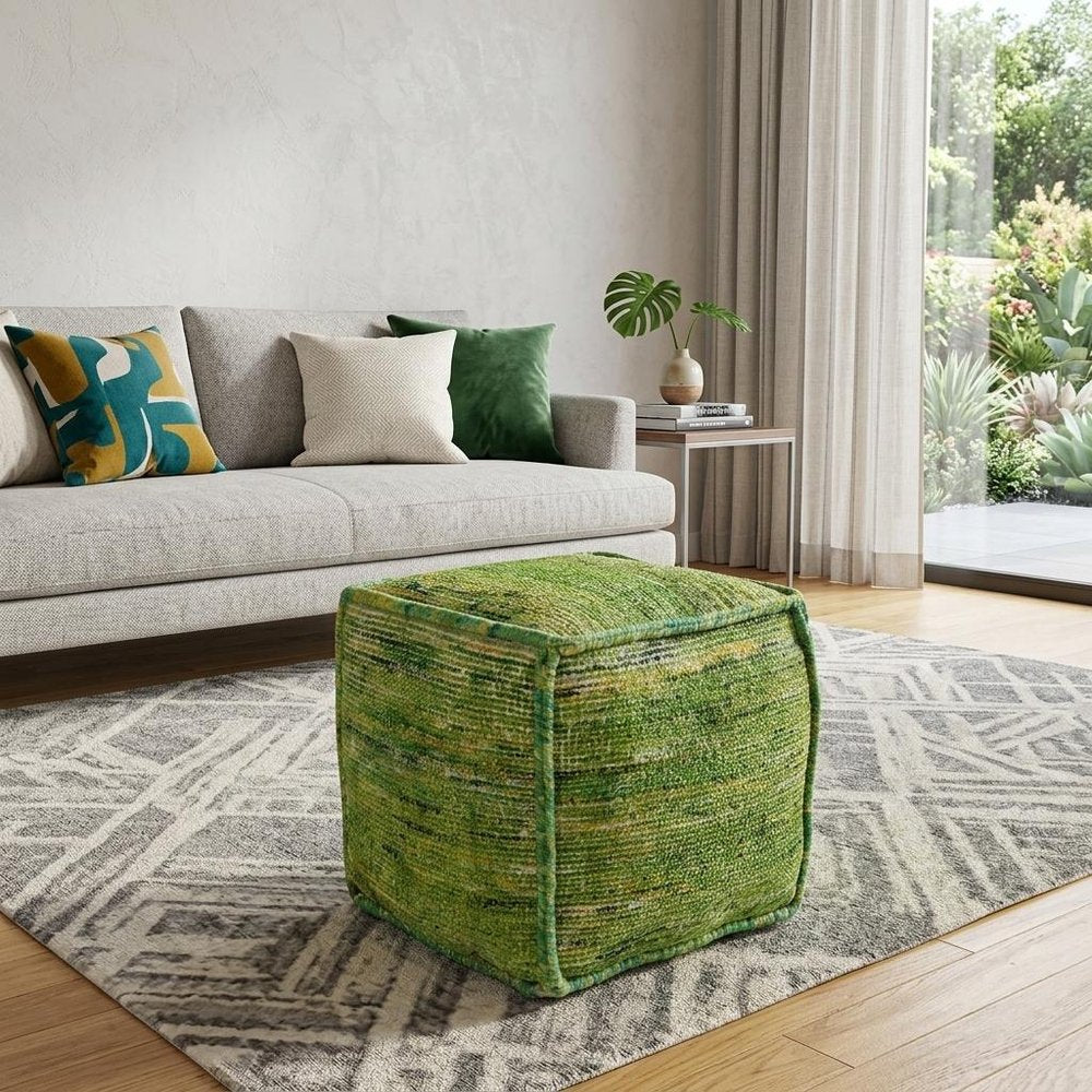 18" Green Recycled Silk and Cotton Blend Cube Pouf Ottoman HomeRoots