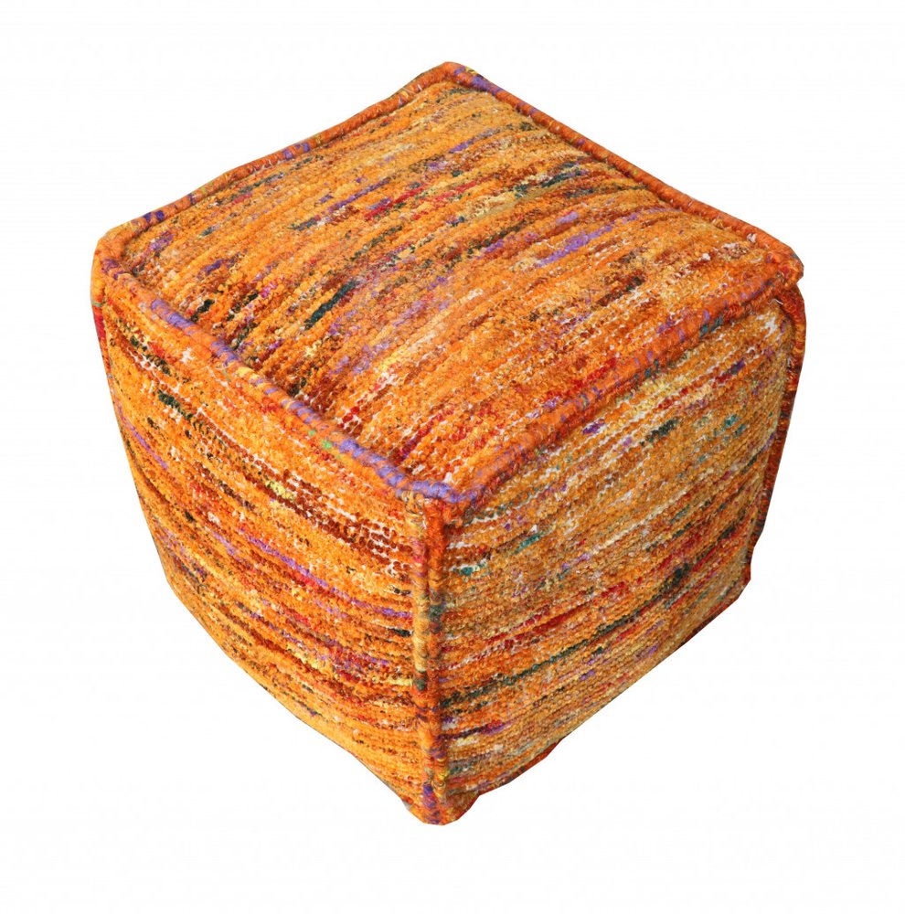 18" Orange Recycled Silk and Cotton Blend Cube Pouf Ottoman HomeRoots