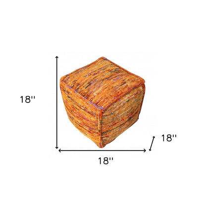 18" Orange Recycled Silk and Cotton Blend Cube Pouf Ottoman HomeRoots