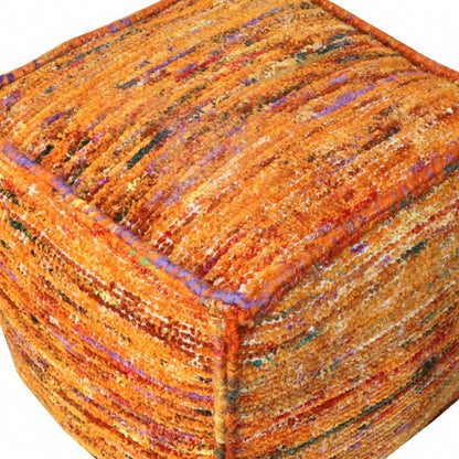 18" Orange Recycled Silk and Cotton Blend Cube Pouf Ottoman HomeRoots