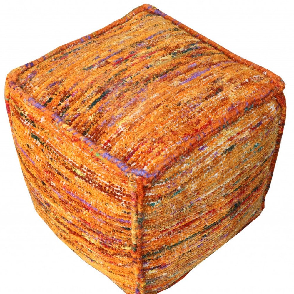18" Orange Recycled Silk and Cotton Blend Cube Pouf Ottoman HomeRoots