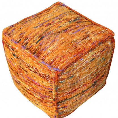 18" Orange Recycled Silk and Cotton Blend Cube Pouf Ottoman HomeRoots