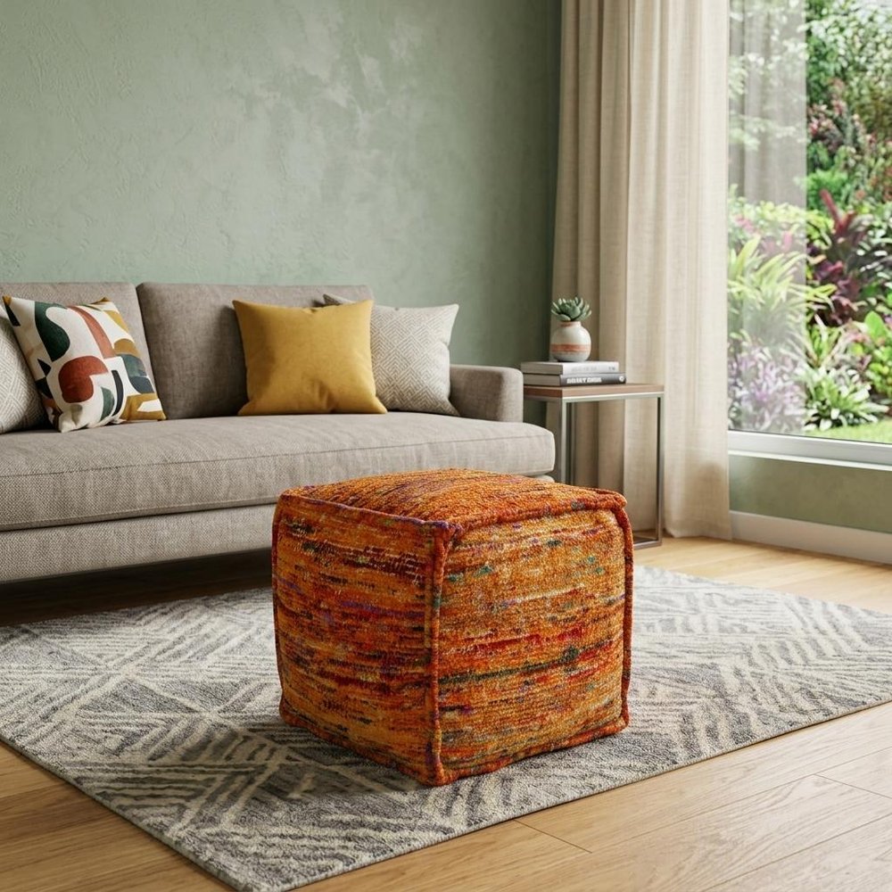 18" Orange Recycled Silk and Cotton Blend Cube Pouf Ottoman HomeRoots