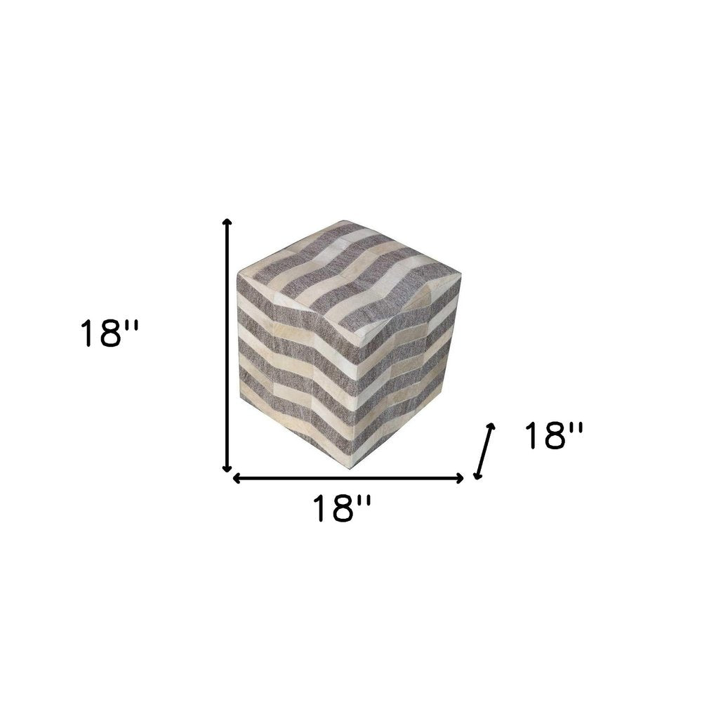 18" Gray and Beige Hair on Hide Cube Chevron Pouf Ottoman HomeRoots