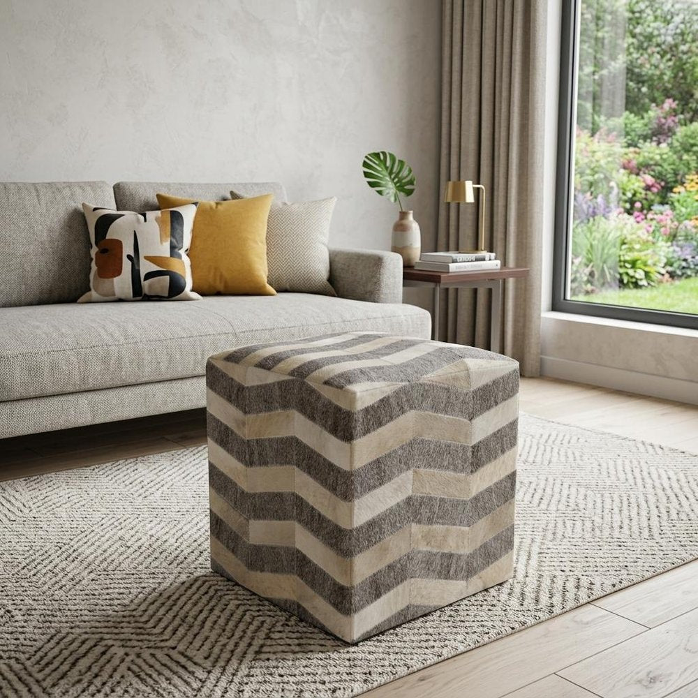 18" Gray and Beige Hair on Hide Cube Chevron Pouf Ottoman HomeRoots