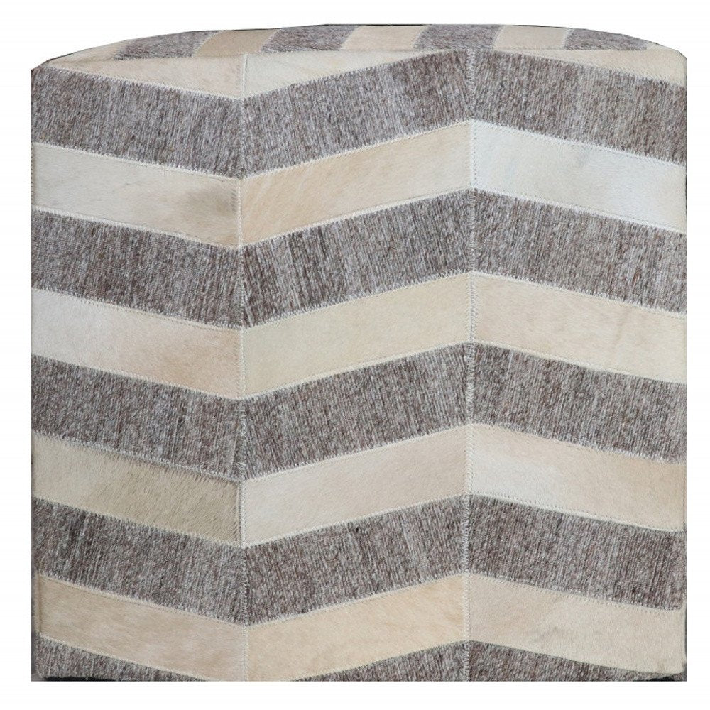 18" Gray and Beige Hair on Hide Cube Chevron Pouf Ottoman HomeRoots