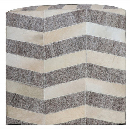 18" Gray and Beige Hair on Hide Cube Chevron Pouf Ottoman HomeRoots