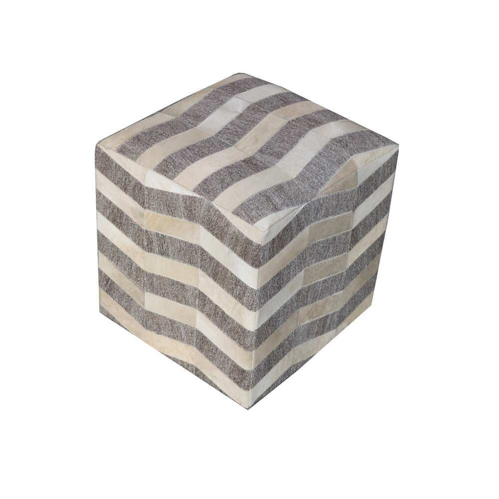 18" Gray and Beige Hair on Hide Cube Chevron Pouf Ottoman HomeRoots