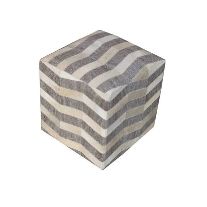 18" Gray and Beige Hair on Hide Cube Chevron Pouf Ottoman HomeRoots