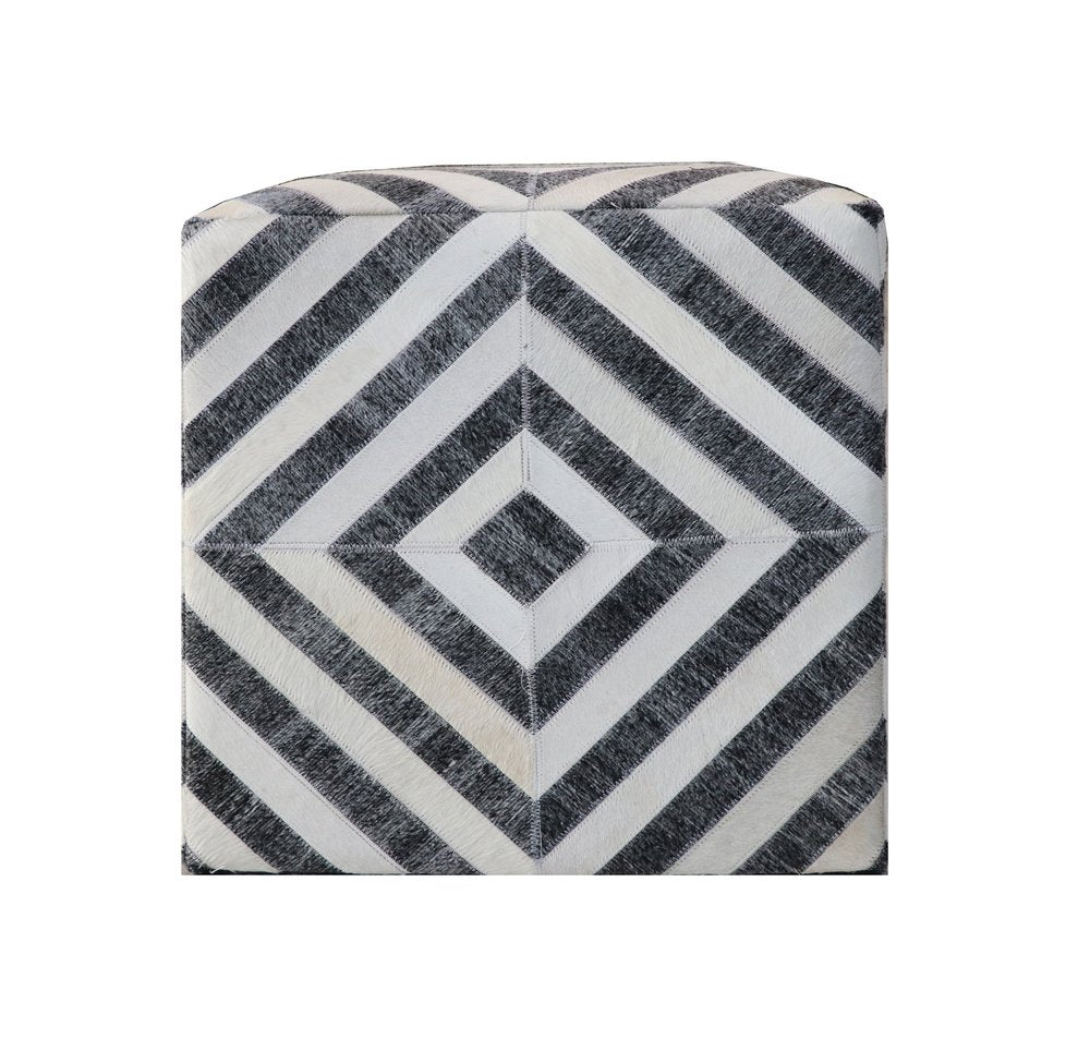18" Dark Gray and Ivory Hair on Hide Cube Geometric Pouf Ottoman HomeRoots